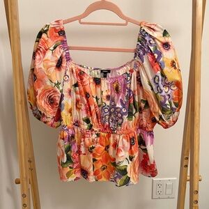 Express Floral Puff-Sleeve Peplum Top NWOT